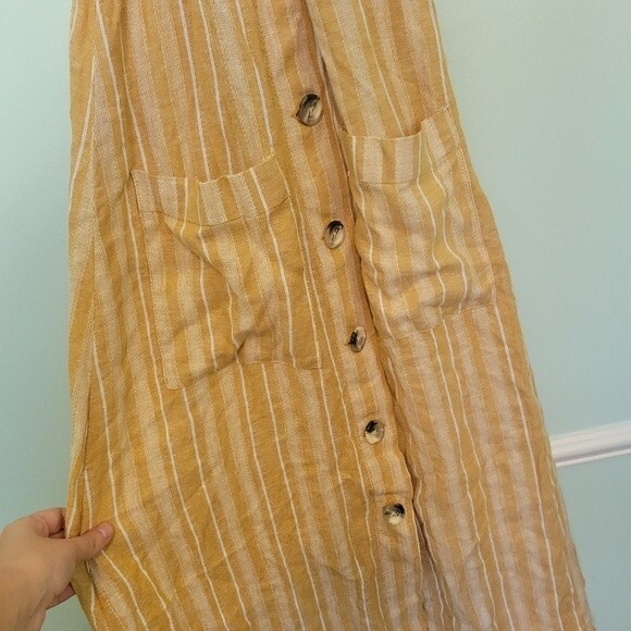 Indigo Rein Mustard Yellow Stripe Linen Blend Midi Dress Size Small - Picture 3 of 6